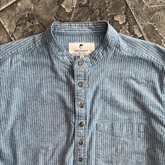 LEE VALLEY IRELAND Blue Striped Brushed Soft Cotton Band Collar Button-Up Shirt - Picture 1 of 11